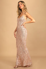 Endless Festivities Rose Gold Sequin Fringe Lace-Up Maxi Dress