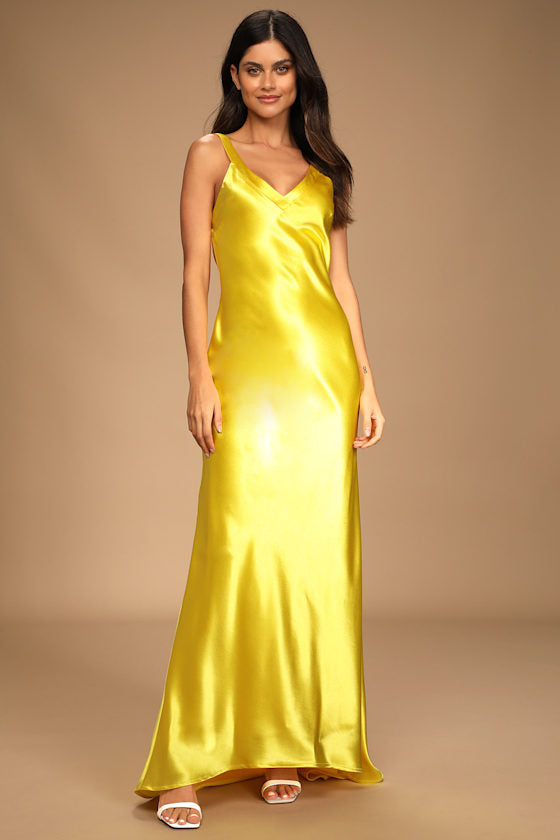 Perfectly Classy Yellow Satin Strappy Maxi Dress