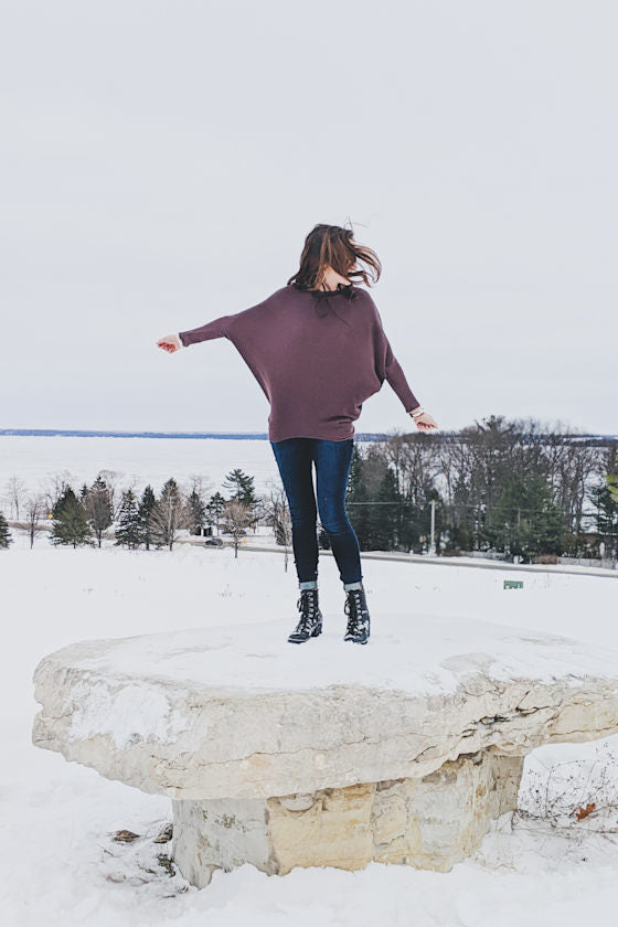 Verla Washed Plum Purple Dolman Sleeve Sweater Top