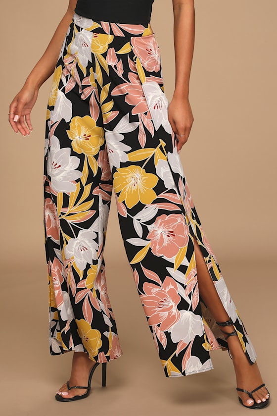 Blissful Vacay Black Floral Print Side Slit Pants