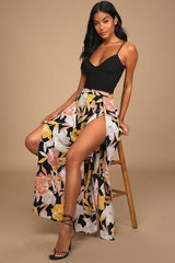 Blissful Vacay Black Floral Print Side Slit Pants