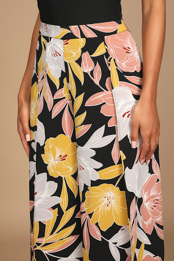 Blissful Vacay Black Floral Print Side Slit Pants