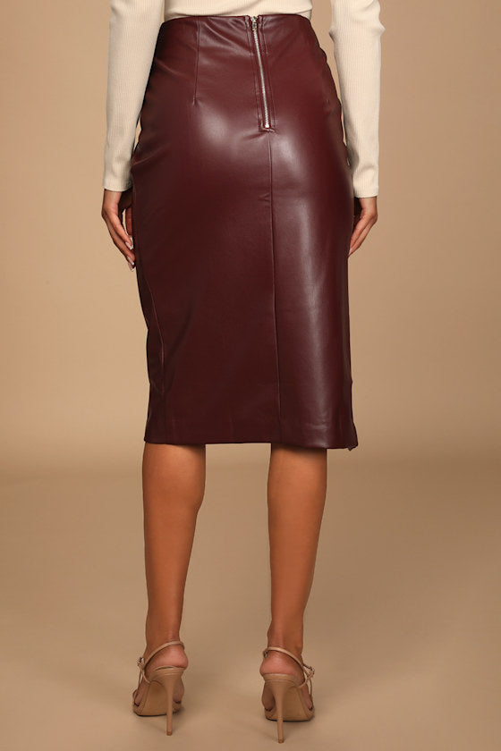 Mireya Wine Red Vegan Leather Pencil Skirt