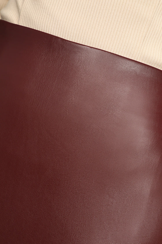 Mireya Wine Red Vegan Leather Pencil Skirt