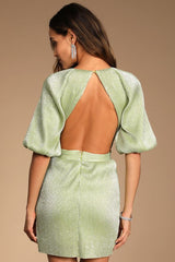 Ethereal Angel Light Green Glitter Puff Sleeve Mini Dress