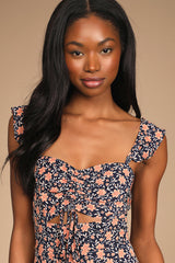 The Way to Love Navy Blue Floral Print Ruffled Maxi Dress