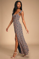 The Way to Love Navy Blue Floral Print Ruffled Maxi Dress
