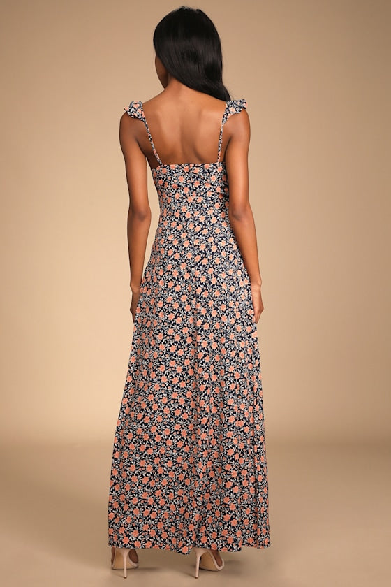 The Way to Love Navy Blue Floral Print Ruffled Maxi Dress