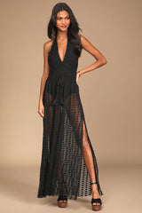 Destination Summer Black Crochet Halter Maxi Bodysuit Dress