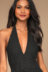 Destination Summer Black Crochet Halter Maxi Bodysuit Dress