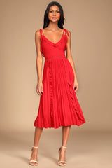 Never a Dull Moment Bright Red Tie-Strap Pleated Midi Dress