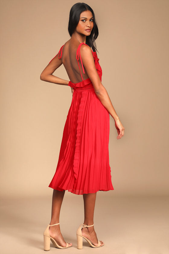 Never a Dull Moment Bright Red Tie-Strap Pleated Midi Dress