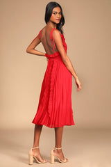 Never a Dull Moment Bright Red Tie-Strap Pleated Midi Dress