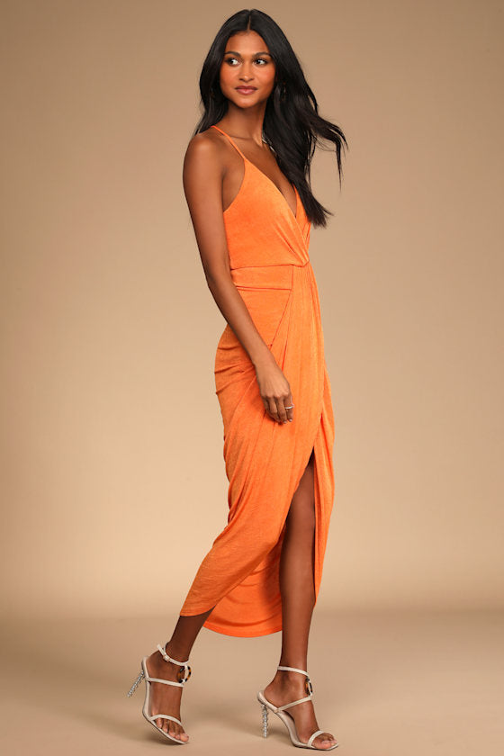 Dreamy Date Orange Surplice Midi Dress
