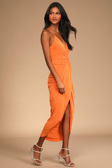Dreamy Date Orange Surplice Midi Dress