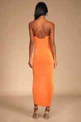 Dreamy Date Orange Surplice Midi Dress