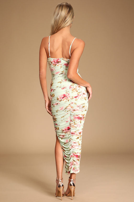 Stun and Only Sage Floral Print Ruched Mesh Bodycon Midi Dress