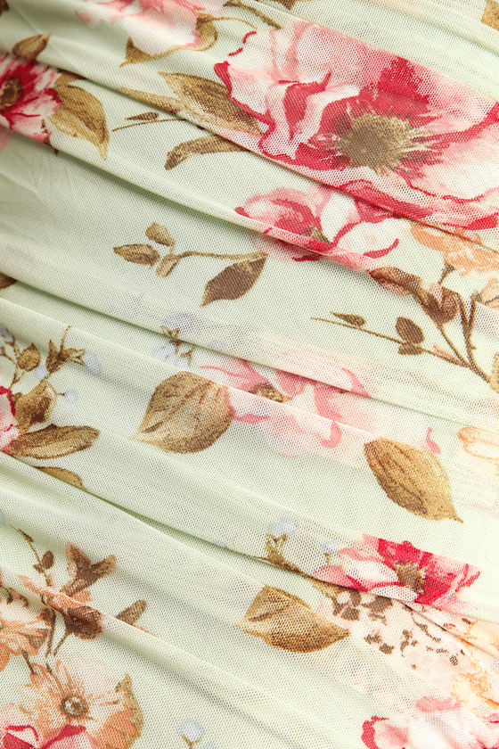 Stun and Only Sage Floral Print Ruched Mesh Bodycon Midi Dress