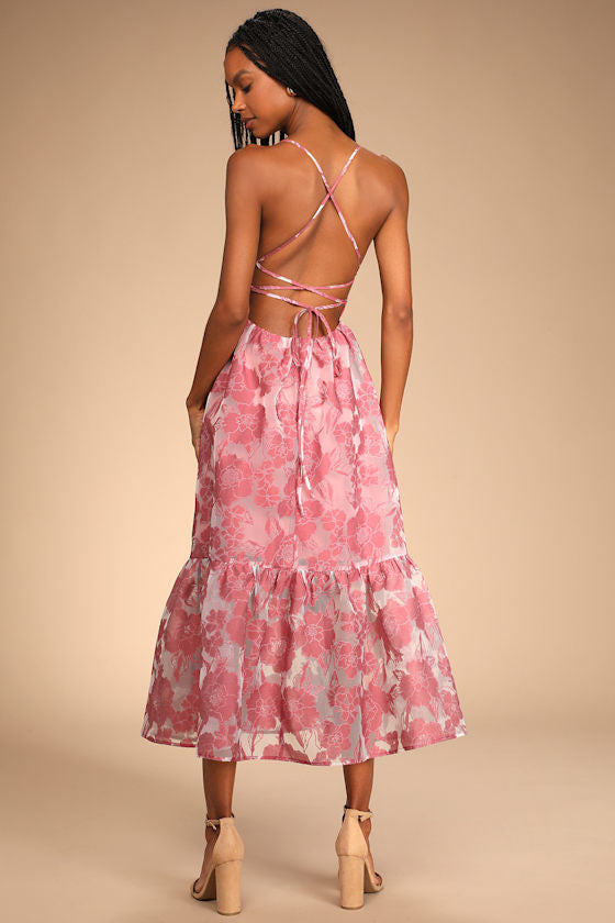 Feeling Like Forever Rose Jacquard Organza Lace-Up Midi Dress