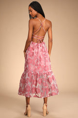 Feeling Like Forever Rose Jacquard Organza Lace-Up Midi Dress