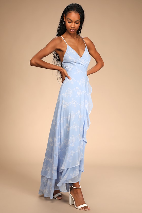 In Love Forever Light Blue Floral Lace-Up High-Low Maxi Dress