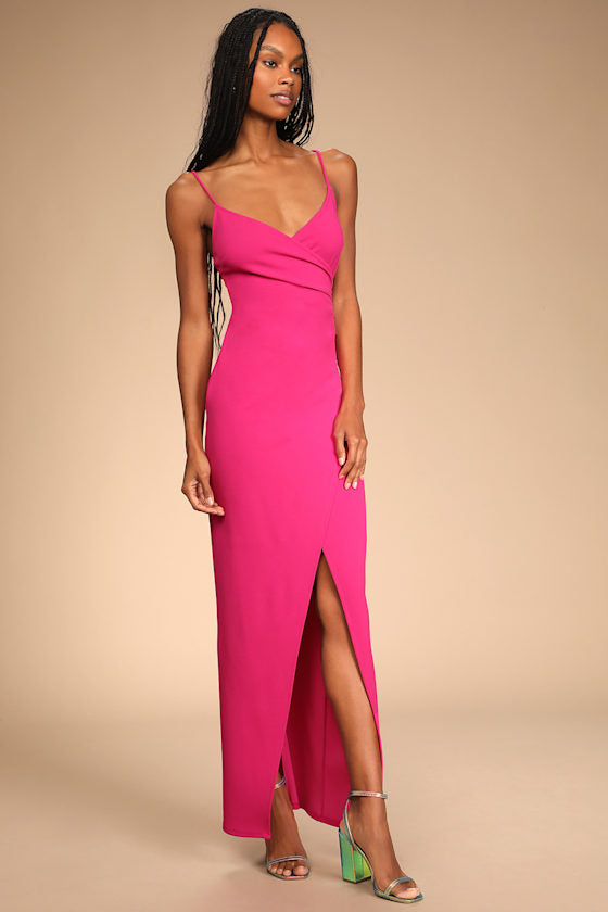 Sweetest Admirer Magenta Ruched Surplice Maxi Dress