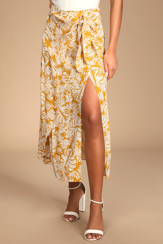 Ocean Breezes Mustard Yellow Tropical Print Faux-Wrap Midi Skirt