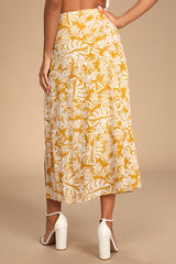 Ocean Breezes Mustard Yellow Tropical Print Faux-Wrap Midi Skirt