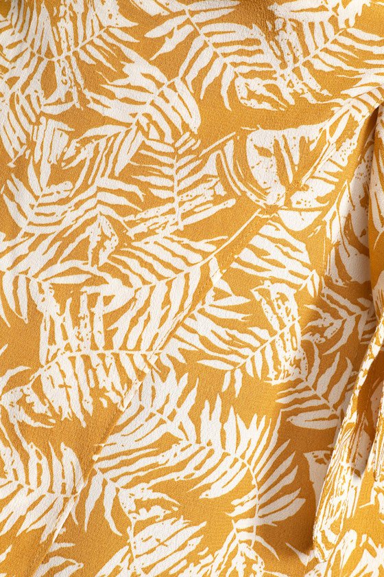 Ocean Breezes Mustard Yellow Tropical Print Faux-Wrap Midi Skirt