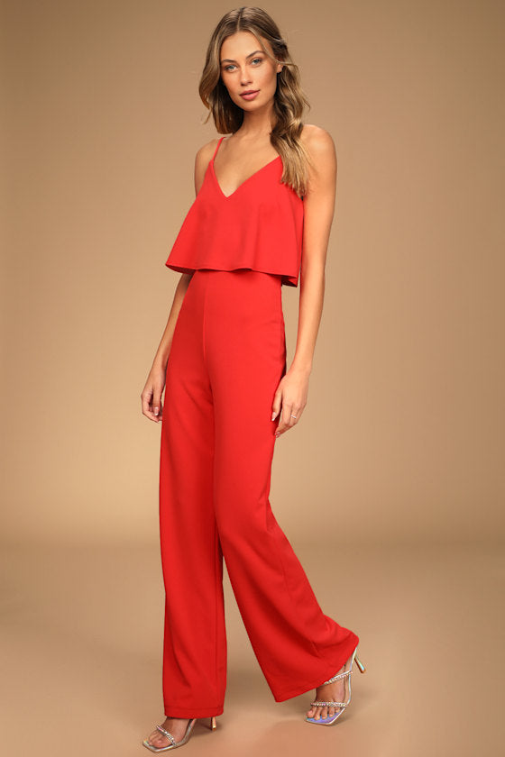 Make It a Date Coral Red Sleeveless Wide-Leg Jumpsuit