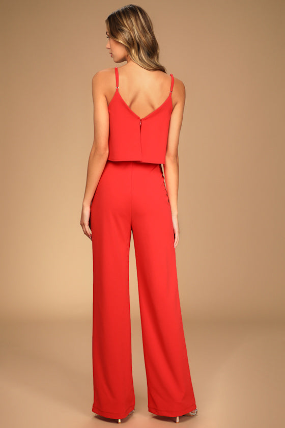 Make It a Date Coral Red Sleeveless Wide-Leg Jumpsuit