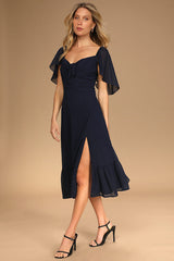 Only Lovers Navy Blue Swiss Dot Short Cape Sleeve Midi Dress