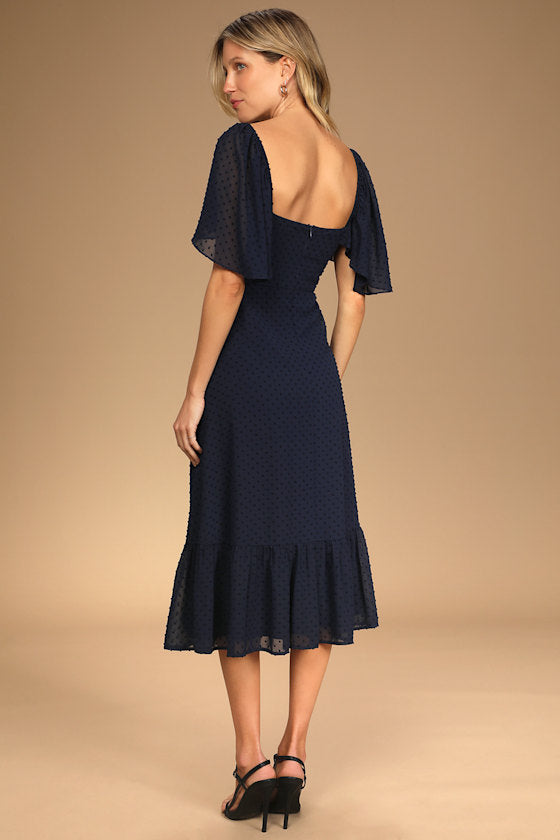 Only Lovers Navy Blue Swiss Dot Short Cape Sleeve Midi Dress