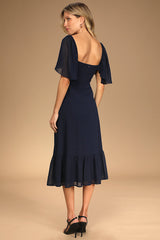 Only Lovers Navy Blue Swiss Dot Short Cape Sleeve Midi Dress