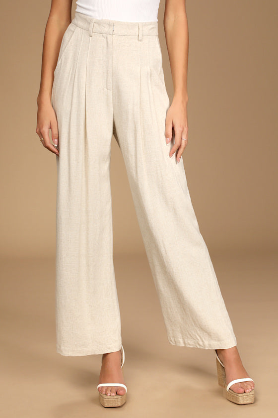 Never Miss Beige High-Waisted Wide-Leg Pleated Trouser Pants