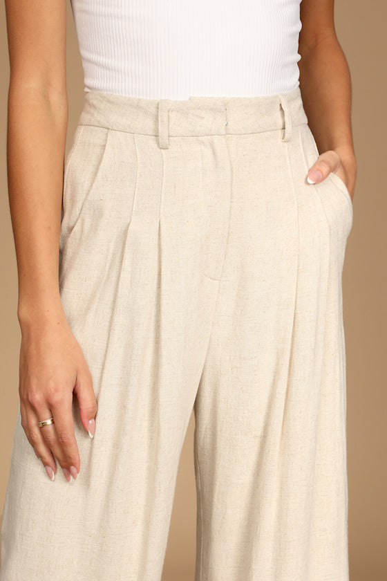 Never Miss Beige High-Waisted Wide-Leg Pleated Trouser Pants