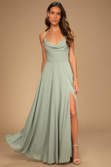Romantically Speaking Sage Green Cowl Lace-Up Maxi Dress
