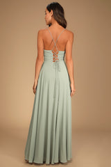 Romantically Speaking Sage Green Cowl Lace-Up Maxi Dress