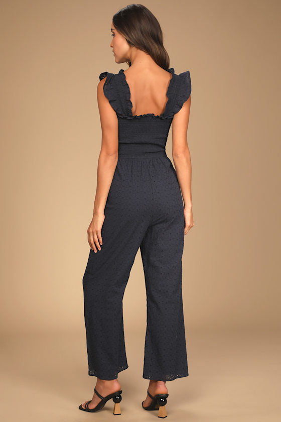 Easy Loving Navy Blue Eyelet Lace Wide-Leg Jumpsuit