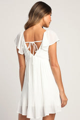 Amalfi Coast White Pleated Flutter Sleeve Mini Dress