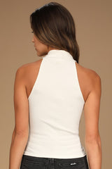 Essential Energy White Ribbed Sleeveless Cutout Cross-Front Top