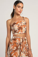 Something Wild Brown Multi Print Pleated One-Shoulder Crop Top