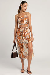 Something Wild Brown Multi Print Pleated One-Shoulder Crop Top