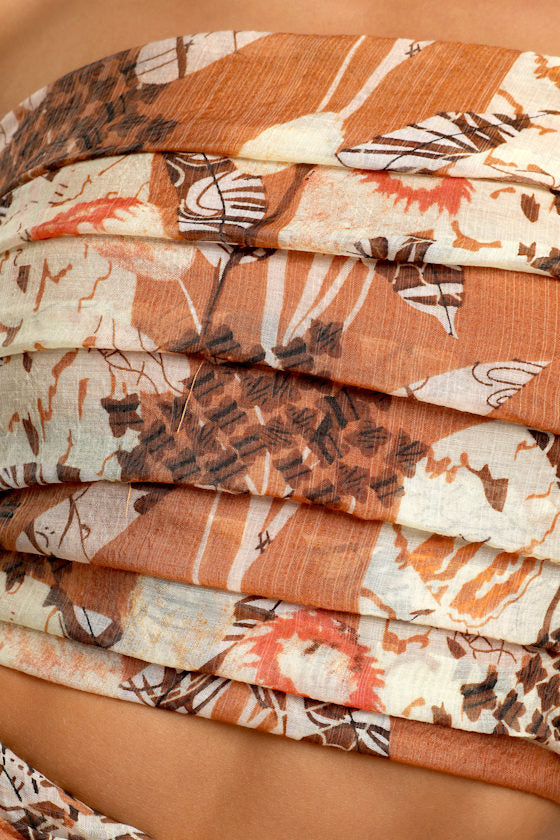 Something Wild Brown Multi Print Pleated One-Shoulder Crop Top