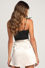 Ties to the World Cream Satin Wrap Mini Skirt