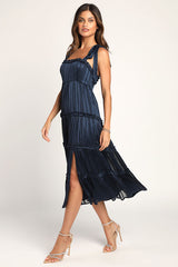 Day for Romance Navy Blue Tie-Strap Tiered Midi Dress