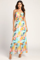 Stunning One Multi Abstract Print Drawstring Halter Maxi Dress