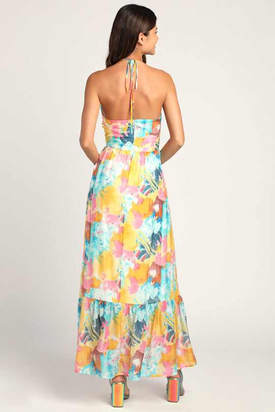 Stunning One Multi Abstract Print Drawstring Halter Maxi Dress