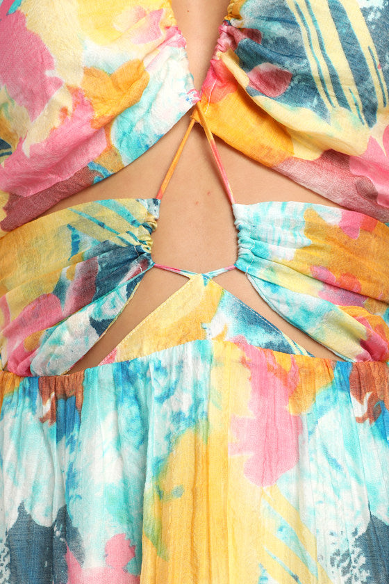 Stunning One Multi Abstract Print Drawstring Halter Maxi Dress