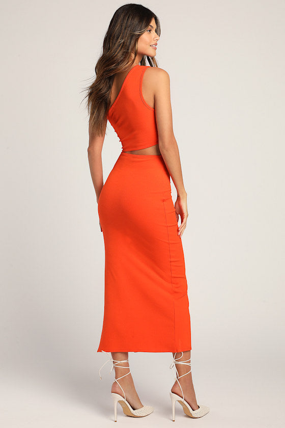 Spice Things Up Orange Ribbed One-Shoulder Cutout Midi Dress